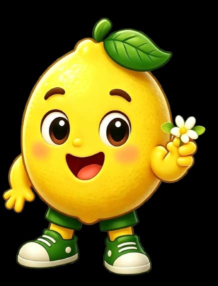 Mascote de limão da Mundo Azedinho sorrindo e segurando uma flor